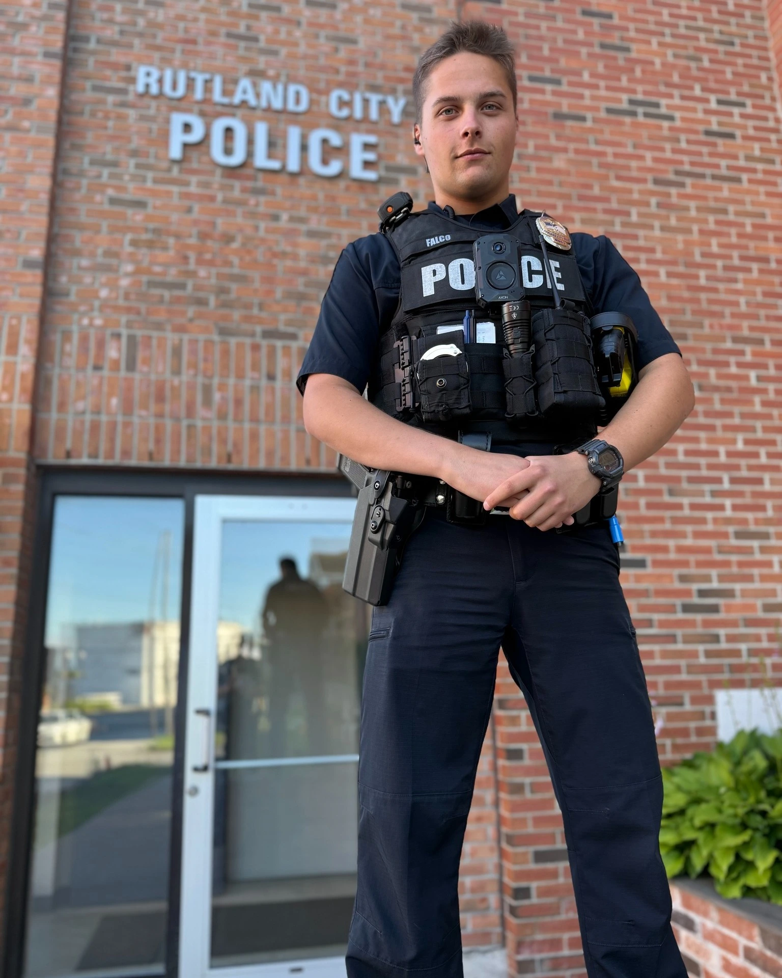 Officer stands ready to serve outside Rutland City Police headquarters
