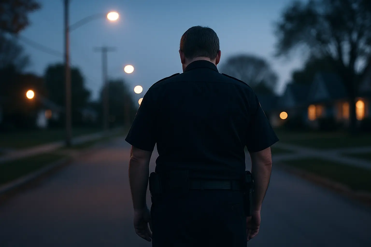 Silhouette of a police officer walking alone at dusk